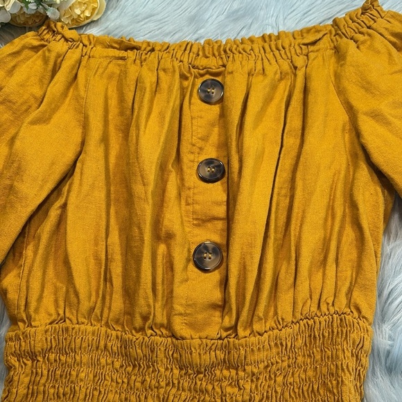 Zara Linen Off The Shoulder Smocked Mustard Dress sz S - Picture 4 of 10